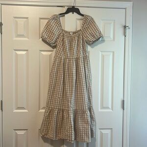Gingham Puff Sleeve Dress in Brown Check
